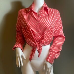 Vintage, made in USA white and red polkadot tie front top.